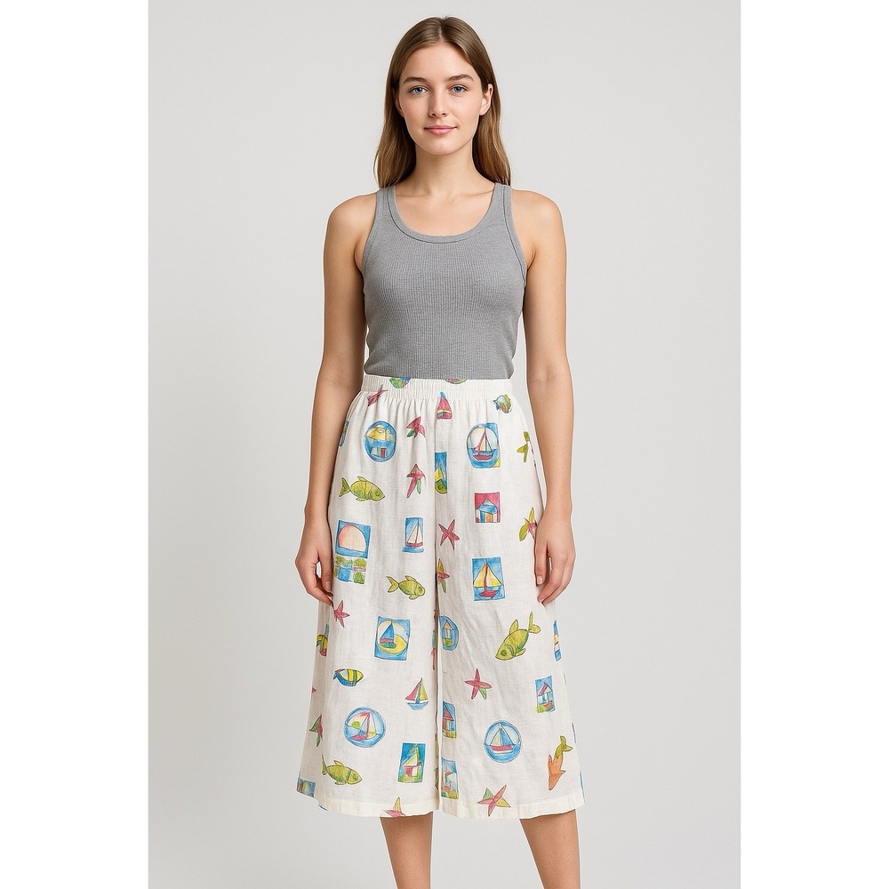 Hot Cotton by Marc Ware Linen Coastal Fish Print Skirt‎ White Resort Medium